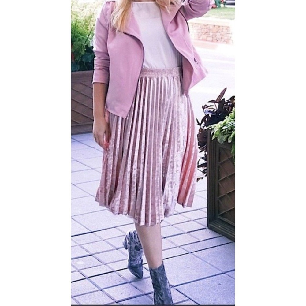 Womens Crushed Velvet Pleated Midi Skirt Coquette Soft Grunge Balletcore Pink XS